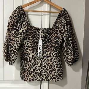 GANNI leopard print top w/ puff sleeves. NWT. Size 38, or 10 US.